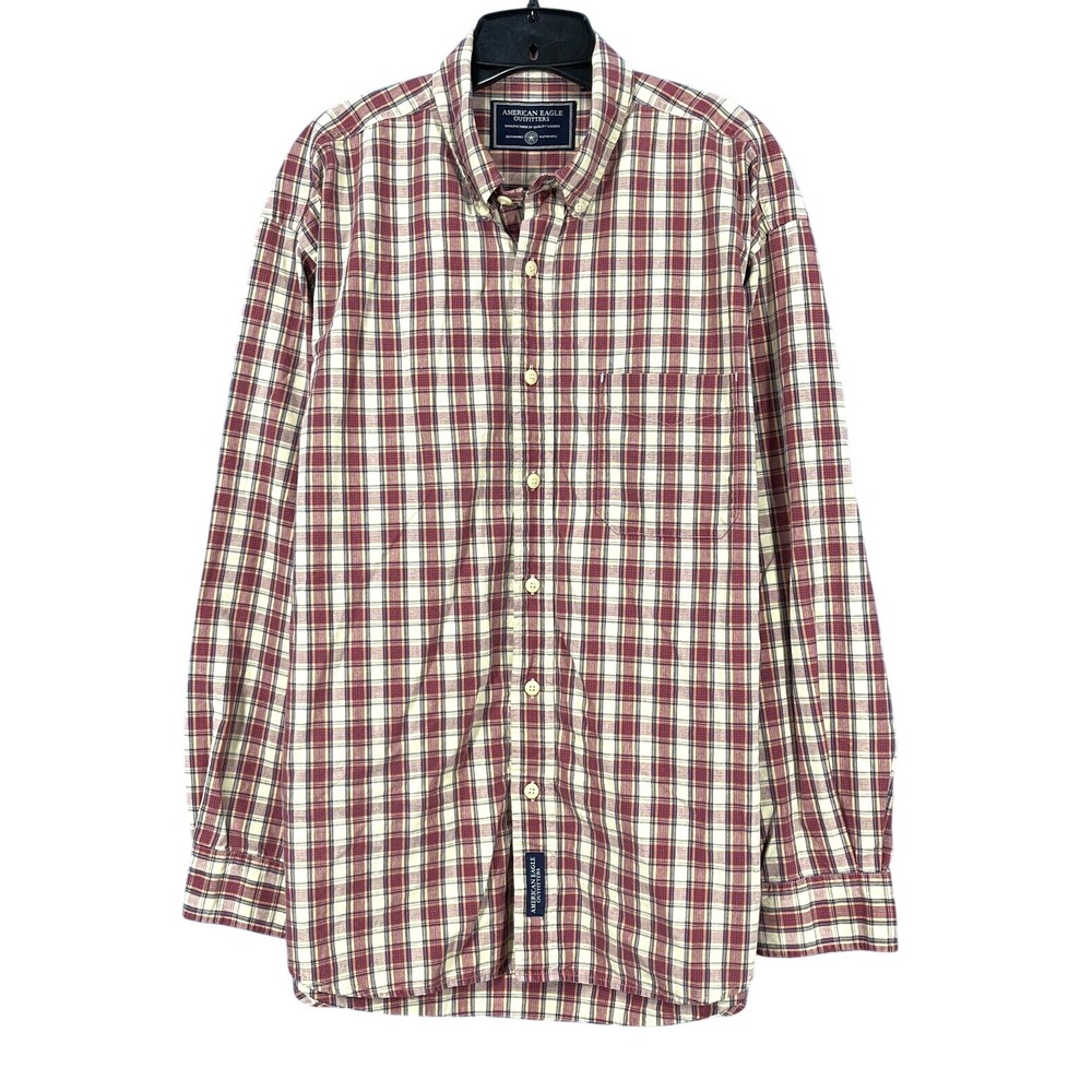 AMERICAN EAGLE OUTFITTERS Red/Beige PLAID Twill FRONT POCKET Button-Up SHIRT L